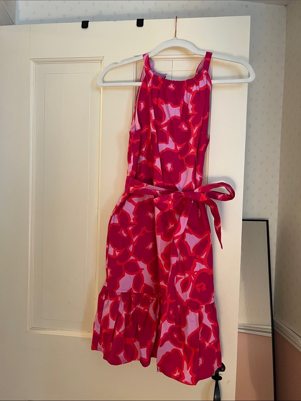 Bright Pink & Red Floral Sundress with Waist Tie